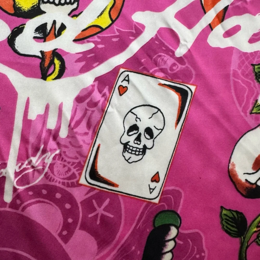 Ed Hardy Pink Skull Snake Tattoo Print Satin Scarf Wrap Y2K 43x43‎